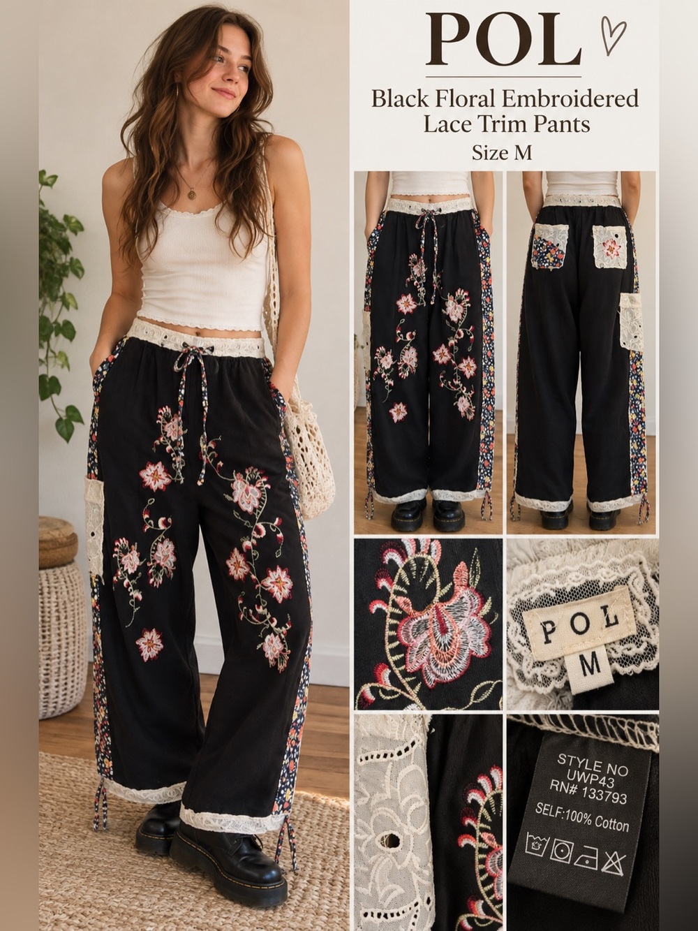 POL Black Floral Embroidered Lace Trim Pants Size M